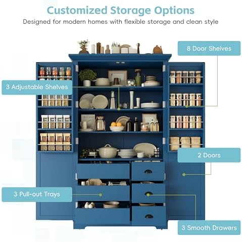 Merax 72" Tall Shaker Style Kitchen Pantry with 3 Drawers, Adjustable Shelves, Wood Cupboard Dining Storage Cabinet with Door Shelves and Pull-Out Trays for Living Room, Kitchen, Dining Room Blue