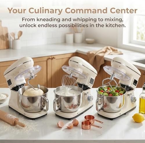 Stand Mixer with LED Display & Timer 6.5QT Stainless Steel Bowl, 1350W 6-Speeds Electric Kitchen Stand Up Mixer for Baking Cakes Cookie Bread Salad Food with Egg Whisk, Dough Hook, Beater - White