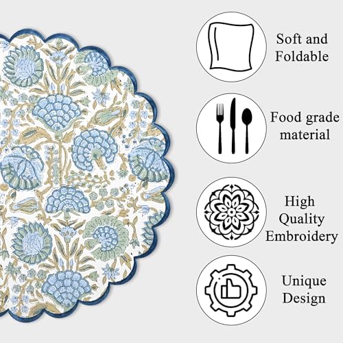 Ridhi Floral Block Print Round Placemats 15 Inch, Set of 4, Asparagus Green