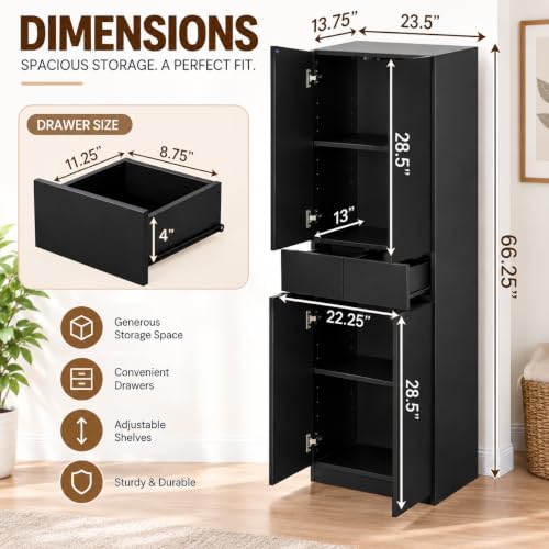 67-Inch Multi-Functional Kitchen Pantry Cabinet with 4 Doors, 3 Adjustable Shelves, 2 Cabinets with 1 Drawer – Elegant Freestanding Farmhouse Storage for Kitchen, Dining and Living Room (Black)