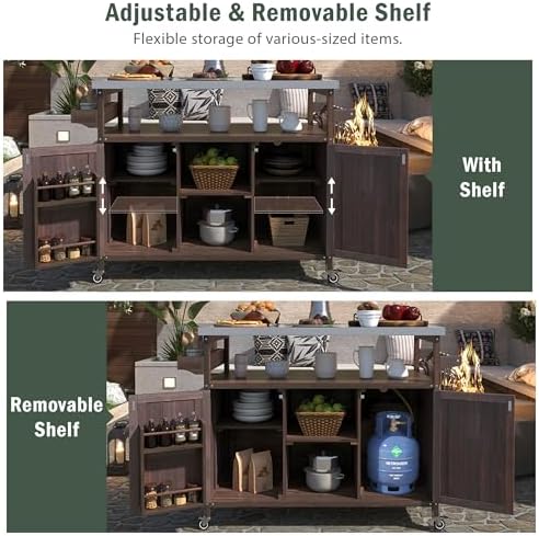 43.3“ Outdoor Grill Cart with Storage, Rolling Bar Cart, Dark Brown