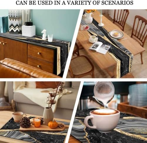 Mcalk Black Marble Table Runner and Placemats Set of 6 Pieces, Gold Marble Placemats, Modern Cloth Place Mats Indoor for Kitchen,Washable Linen Material for Dining Table