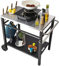 VEVOR Outdoor Grill Cart with Double-Shelf, BBQ Movable Food Prep Table with PVC Placemat, Black Iron Table Top, Portable Modular Carts for Pizza Oven, Worktable with 2 Wheels, Carry Handle