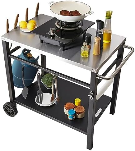 VEVOR Outdoor Grill Cart with Double-Shelf, BBQ Movable Food Prep Table with PVC Placemat, Black Iron Table Top, Portable Modular Carts for Pizza Oven, Worktable with 2 Wheels, Carry Handle