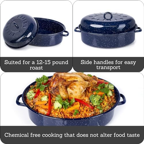 IMUSA USA 18" Traditional Vintage Style Blue Speckled Enamel on Steel Covered Oval Roaster
