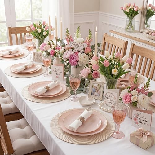 KIRE 350 PCS Pink Disposable Plates - Plastic Dinnerware Set for Wedding