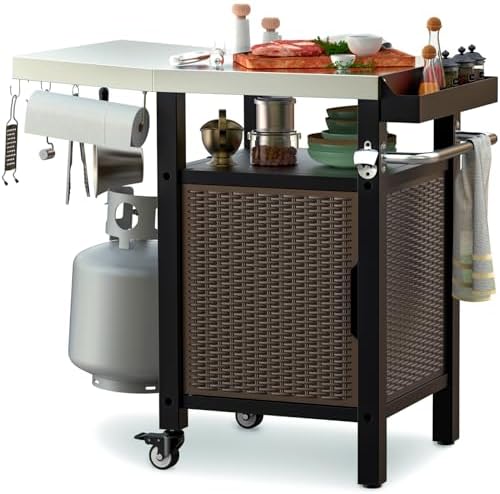 onlyfire 35" Kitchen Island w/XL Stainless Steel Top Board & Rattan Cabinet