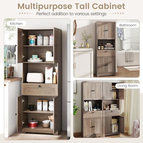 GIANTEX Kitchen Pantry Cabinet, 67.5" Tall Floor Storage Cabinet w/4 Doors & 1 Drawer, Modern Freestanding Bathroom Organizer w/Open Countertop & Adjustable Shelf for Dining Room (Gray Oak)