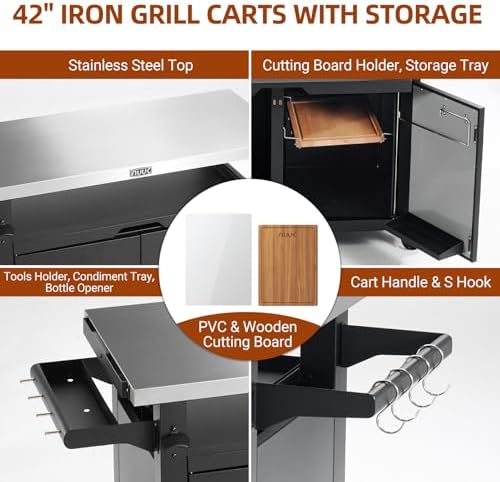 NUUK Outdoor Grill Cart with Storage Cabinet Metal Kitchen Island Prep Table with Movable Universal Wheels and Stainless Steel Top for Outside BBQ Backyard Include Hooks Spice Rack