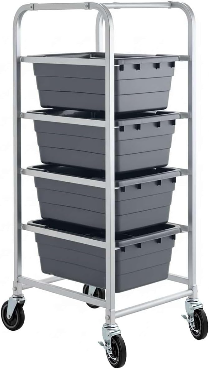 19"x26"x53" Mobile Aluminum Lug Rack with 4 Grey Tote Boxes – NSF Heavy-Duty Commercial Storage Cart with 5" Swivel Casters, Portable Food Prep & Dishroom Utility Rack – Freezer Safe, 4 Lug Capacity