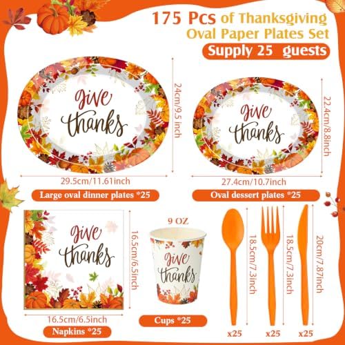 Pajean 175 Pcs Thanksgiving Oval Paper Plates Set with 12 inch Disposable Pumpkin Oval Plates Fall Harvest Paper Maple Leaf Dinnerware Set Heavy Duty for 25 Guests Thanksgiving Fall Party Supplies