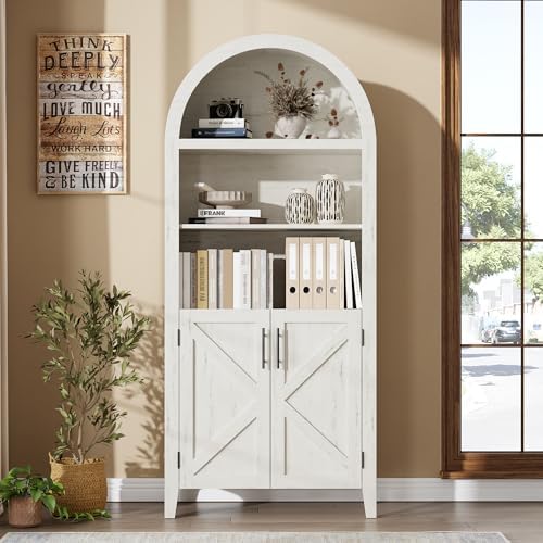 Arched Kitchen Pantry Cabinet with Doors, 5-Tier Open Display Shelf, White