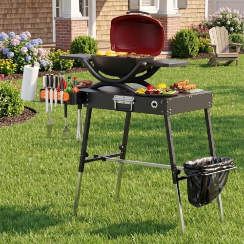 EUTRKei Portable Grill Table for Weber Q1200, Q1000, Q2200, Q2000, Q2400, Griddle Stand for Ninja Woodfire Collection OG700, OG800, OG900 Series, Folding Grill Cart with Caddy for Camping, Travel
