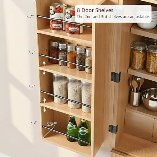 Merax 72" Tall Arched Cabinet Kitchen Pantry with 4 Doors, Fluted Storage Cabinets with 3 Adjustable Shelves & 1 Hidden Drawer & 8 Door Shelves, Versatile Cupboard for Kitchen, Dining Room, Natural