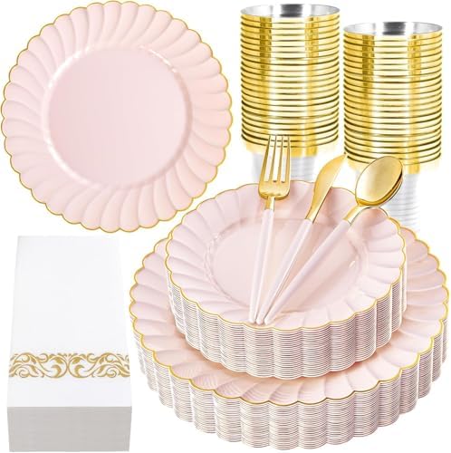 Ciaell 175 Piece Pink and Gold Plastic Plates for Weddings Parties