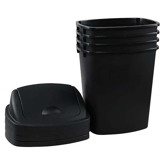 Plastic Trash Can, Rectangular Commercial Office Wastebasket, 7 Gallon (Pack of 4), Black