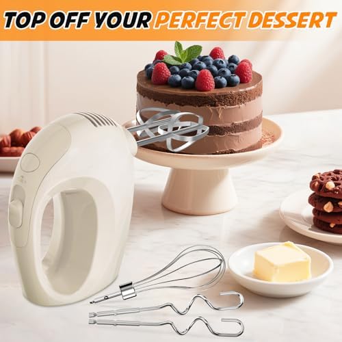 Showvigor Electric Hand Mixer with 5 Stainless Steel Whisks,5 Speed,Ivory