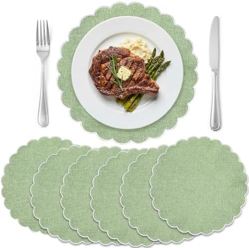 Set of 6 Sage Green Cotton Placemats 15" Round Scalloped White