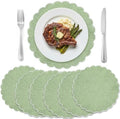 Set of 6 Sage Green Cotton Placemats 15" Round Scalloped White
