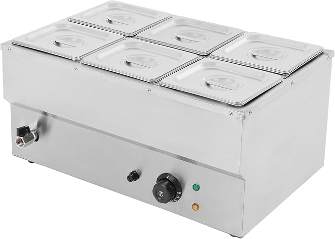 6 Pan Commercial Food Warmer,110V 1500W Electric Stainless Steel Steam Food Warmer with Lid,Electric Bain Marie Countertop with Temperature Control for Catering,Restaurant,Party (6-Pan)