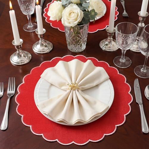 Set of 24 Red Cotton Placemats 15" Round Scalloped White