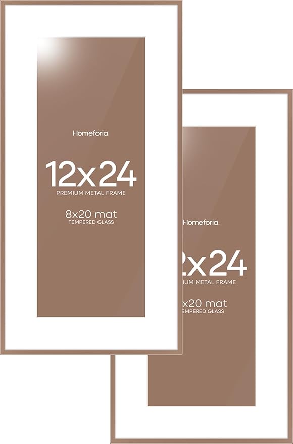 Homeforia 12x24 Picture Frame Mocha, High End Metal 12x24 Poster Frames with Mat 8x20 inch Photo, 12 x 24 Mocha Frames Matted to 8 by 20 Print, 24x12 Panoramic Frames, Tempered Glass, Wall Kit, Set of 2