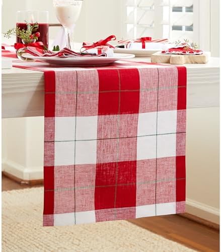 Solino Home 100% Pure Linen Dining Table Runner Merry Plaid, 14 x 108 in