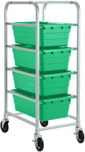 19"x26"x53" Mobile Aluminum Lug Rack with 4 Green Tote Boxes – NSF Heavy-Duty Commercial Storage Cart with 5" Swivel Casters, Portable Food Prep & Dishroom Utility Rack – Freezer Safe, 4 Lug Capacity