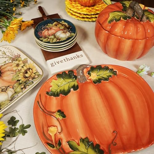Autumn Breeze Set of 4 Earthenware Canape Plates – Delight guests with appetizers or desserts on these mini plates featuring charming autumn pumpkins and sunflowers 6"