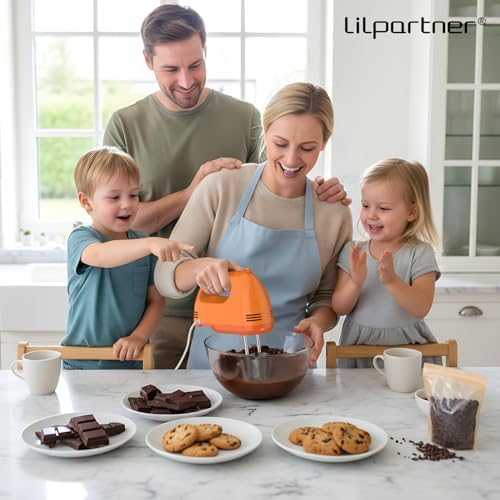 LILPARTNER Electric Hand Mixer with Storage Box, Ultra Power Kitchen Hand Mixer With 7-Speed & 5 Stainless Steel Accessories for Whipping Dough, Cream, Cake, Dishwasher Safe, LIGHT ORANGE BOX
