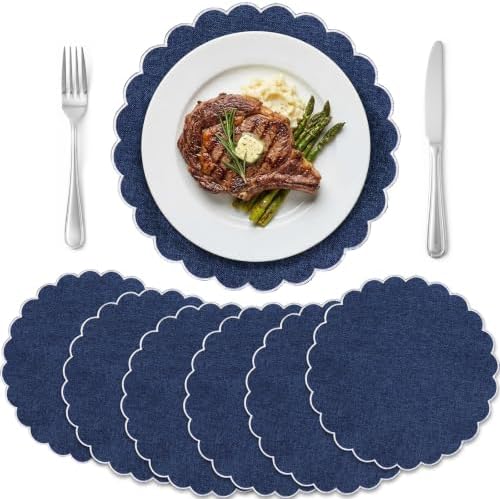 Set of 6 Navy Blue Cotton Placemats 15" Round Scalloped White