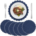 Set of 6 Navy Blue Cotton Placemats 15" Round Scalloped White