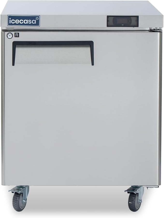 ICECASA 27" W Commercial Refrigerator Worktop Undercounter Refrigerator Single Door Stainless Steel Counter Fan Cooling Refrigerator 7 Cu.ft for Restaurant, Bar, Shop, etc