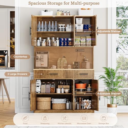 Shintenchi Pantry Cabinet with Charging Station, 70” Tall Kitchen Storage Cabinet with Microwave Stand, Storage Drawers & Adjustable Shelves, Large Capacity Kitchen Hutch for Dining Room, Brown