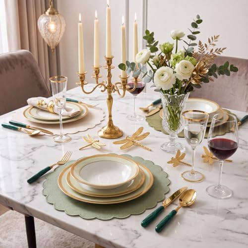 Set of 12 Green Cotton Placemats 15" Round Scalloped