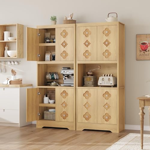 IDEALHOUSE Mid Century Modern Kitchen Pantry Cabinet, 72" Tall Storage Cabinet with Microwave Shelf, Wooden Freestand Cupboard with Carved Flower Door & Crystal Handle, for Dining Room