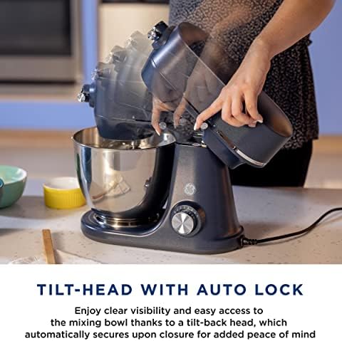 GE Tilt-Head Electric Stand Mixer | 7-Speed, 350-Watt Motor | Includes 5.3-Quart Bowl, Flat Beater, Dough Hook, Wire Whisk & Pouring Shield | Countertop Kitchen Essentials | Sapphire Blue