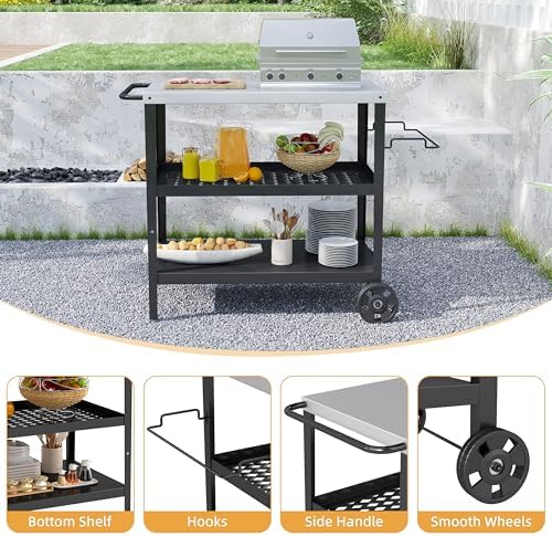 3-Shelf Pizza Oven Table with 34" x 20" Stainless Tabletop,Outdoor Grill Cart for Pizza Ovens & Griddles,Black