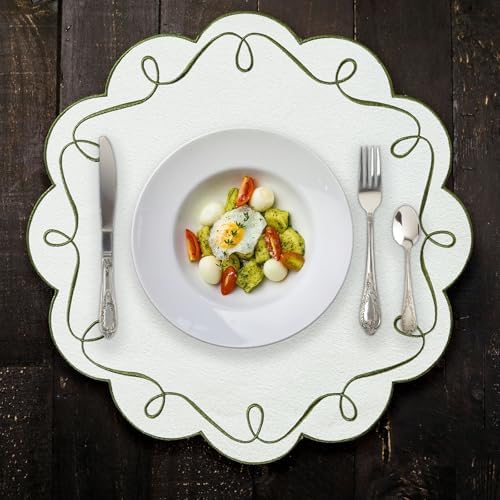 16.5 Inch Ribbon Twirl Embroidery Round Placemats Set of 4, Scalloped Round Table Mats for Party Kitchen Dining Decoration, Green