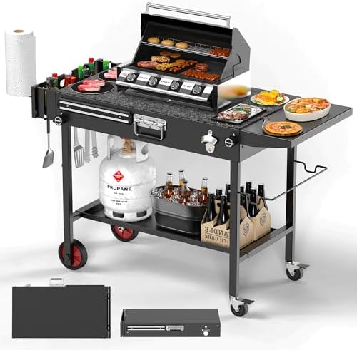 Portable Grill Cart Table with Wheels, for 17-22 Inch Blackstone Griddle Stand, Foldable BBQ Prep Station with Seasoning Tray