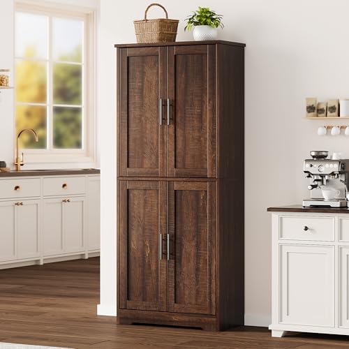 70" Freestanding Tall Pantry Cabinet,Modern Kitchen Hutch with Adjustable Shelves & Anti-toppling devices,Farmhouse Kitchen Storage with Elgant Handers ,Ideal for Dining Room,Living Room.Brown.