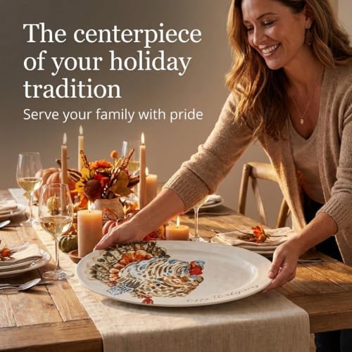 Mud Pie Turkey Platter, Large Thanksgiving Serving Platter, White Ceramic
