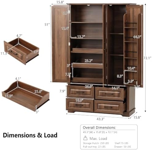 Merax 72" Farmhouse Pantry Cabinet with Pull-Out Trays & Door Storage