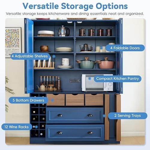 Merax Farmhouse 71" Large Kitchen Pantry Cabinet with Power Outlet, 53.2" Wide Storage Cupboard with 4 Foldable Doors, Adjustable Shelves, Wine Racks & Serving Trays, for Dining Room, Blue