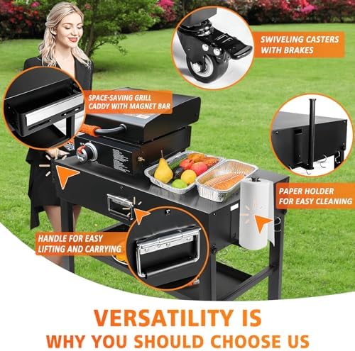 Hisencn Dual-Shelf Foldable Grill Cart for Blackstone&Ninja Woodfire