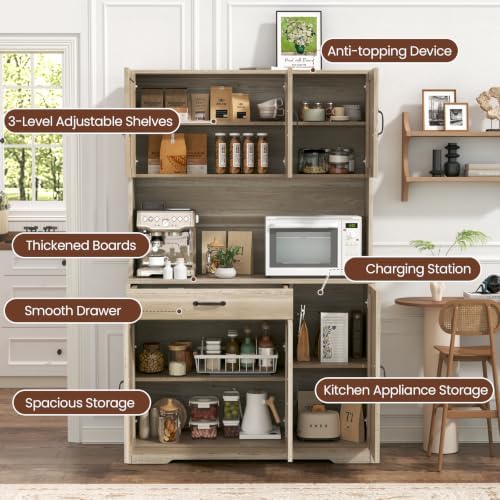GRUSIGN 71" Pantry Cabinet with Charging Station, Large Capacity Kitchen Hutch Storage Cabinet, Kitchen Cabinet with Microwave Stand, Storage Drawers & Adjustable Shelves for Dining Room, Grey