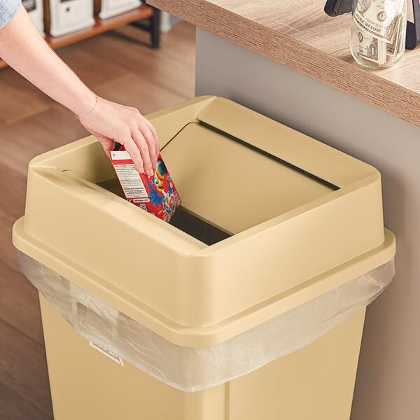 25 Gallon Square Trash Can Swing Lid, Beige, 16.8 x 16.8 x 4.9 Inches, Indoor Use
