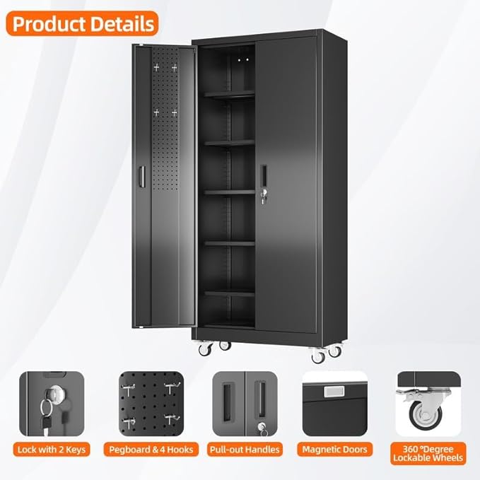Aobabo Garage Storage Cabinet with Door Pegboard,Lockable Metal Storage Cabinet with 5 Adjustable Shelves for Garage Home,Required Assembly,Black