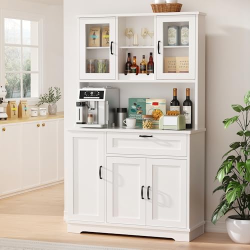 Shintenchi 68" Kitchen Pantry Storage Cabinet, with Microwave Stand, White