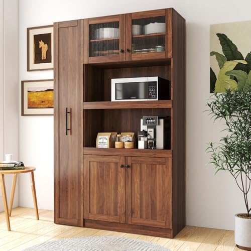 KEIKI 70.87" Tall Kitchen Pantry Storage Cabinet with Pull-Out Multi-Tier Shelf, Countertop, Glass Doors, Microwave Stand, Freestanding Wood Hutch Food Pantries Cupboard for Coffee Bar, Dining Room